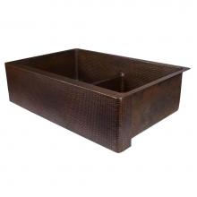 Premier Copper Products KA50DB33229-SD5 - 33'' Hammered Copper Kitchen Apron 50/50 Double Basin Sink with Short 5'' Divi