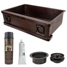 Premier Copper Products KSP3_KASDB33229R - 33'' Hammered Copper Kitchen Apron Single Basin Sink w/ Rings with Matching Drain and Ac