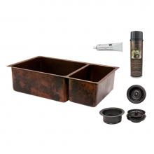 Premier Copper Products KSP3_K75DB33199 - 33'' Hammered Copper Kitchen 75/25 Double Basin Sink with Matching Drains, and Accessori