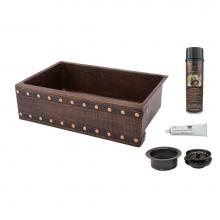 Premier Copper Products KSP3_KASDB30229BS - 30'' Hammered Copper Kitchen Apron Single Basin Sink w/ Barrel Strap Design with Matchin