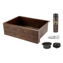 Premier Copper Products KSP3_KASDB30229S - 30'' Hammered Copper Kitchen Apron Single Basin Sink with Scroll Design with Matching Dr