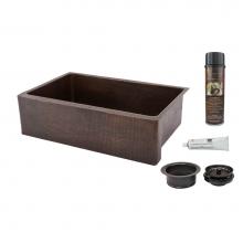 Premier Copper Products KSP3_KASDB33229 - 33'' Hammered Copper Kitchen Apron Single Basin Sink with Matching Drain, and Accessorie